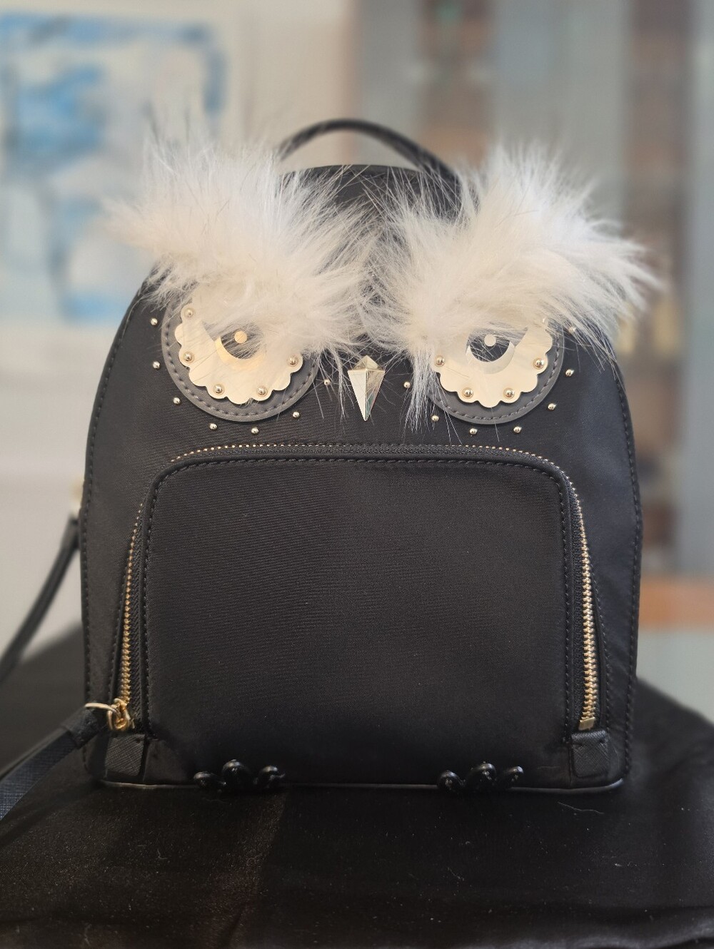 Kate Spade Owl Tomi Star Brite Black Nylon/Leather Back Pack.  Those Eye Brows!